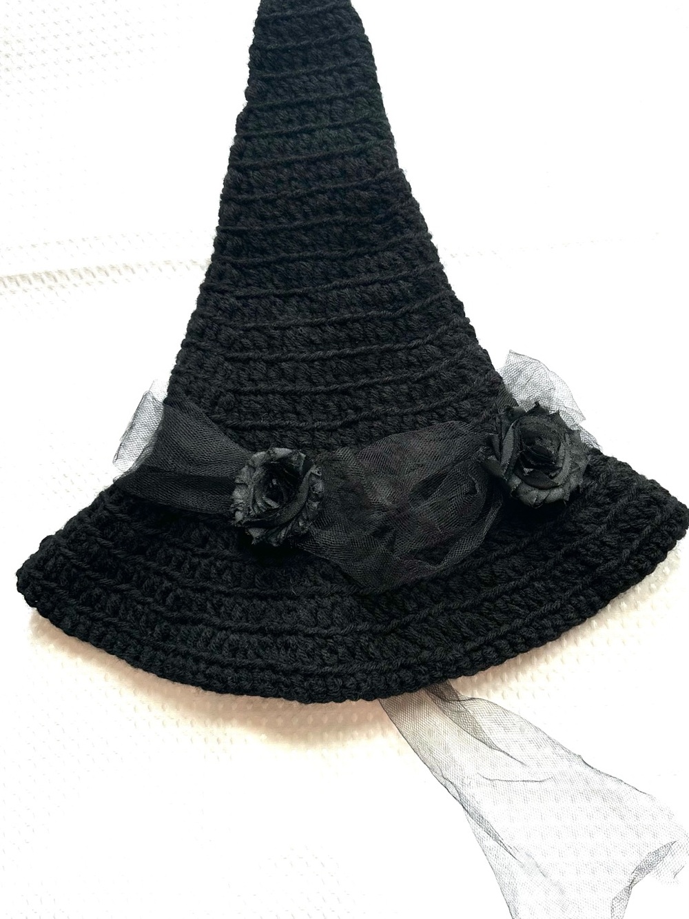 Artisan Made Crochet Black Pointed Witch Hat with Tulle/ Floral Accent - Picture 2 of 7